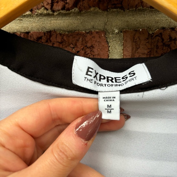 Express Black and White Striped Collared Chiffon Button Down Shirt Top - Picture 2 of 2